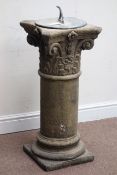 Circular West Country composite stone Corinthian column sundial with lead dial,