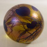 Glasform iridescent paperweight with blue and gold decoration,