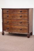 Late Regency period figured mahogany bow front chest, four graduating drawers, W112cm, H102cm,