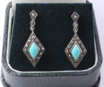 Pair of turquoise and marcasite pendant ear-rings stamped 925 Condition Report