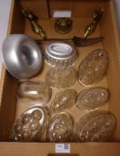 Glass and other jelly moulds, pair of brass horse coat hangers,