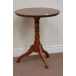 Late 19th century pitch pine tilt top tripod table, circular top, D62cm,