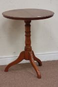 Late 19th century pitch pine tilt top tripod table, circular top, D62cm,