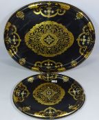 Victorian Papier Mache oval tray with gilt scrolls stamped Jennens & Bettridge Makers to The Queen