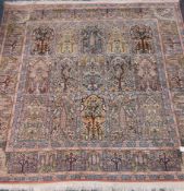 Indian silk garden rug, stylised tree and floral design,