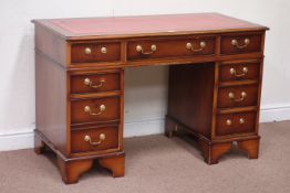 Reproduction yew wood twin pedestal desk, eight drawers, leather inset top, W122cm, H79cm,
