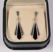 Pair of black onyx and marcasite pendant ear-rings stamped 925 Condition Report