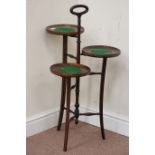 Edwardian inlaid mahogany three tier cake stand on square supports, W49cm,