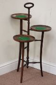 Edwardian inlaid mahogany three tier cake stand on square supports, W49cm,