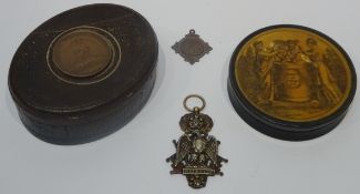 Oval oak box, inset with a medallion made from the copper form Nelson's Flagship Foudroyant,