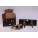 Brass valve with handle, pair of taps & a brass box with four copper pipe outlets,