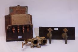 Brass valve with handle, pair of taps & a brass box with four copper pipe outlets,