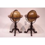 Pair of 19th century Celestial & Terrestrial Table Globes by Kirkwood`s with brass meridian rings,