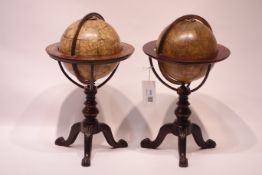 Pair of 19th century Celestial & Terrestrial Table Globes by Kirkwood`s with brass meridian rings,