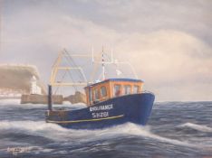 'Endurance SH281' Scarborough Fishing Boat, oil on board signed and dated by Les Clarke '03,