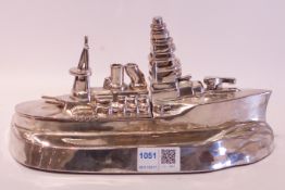 Unusual 20th century chromed metal cigarette box with lighter in the form of a Naval destroyer at