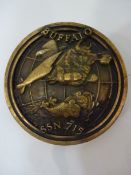 Brass plaque, depicting nuclear submarine Buffalo SSN 715 Los Angeles class commissioned 5/11/83,