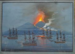 Frigates in the Bay at Naples with Vesuvius Erupting in the Background,