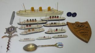 Collection of waterline models of cruise and other ships, an SS Orvieto spoon,