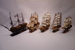 Collection of model sailing ships including HMS Victory, Endeavour, Halifax,