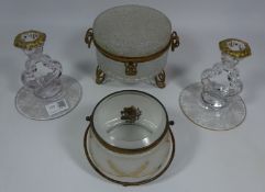 Two glass boxes with gilded mounts and a pair of etched glass candlesticks (4) Condition