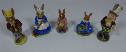 Four Royal Doulton Bunnykins figurines and a Beswick 'Mad Hatter' figurine (4) Condition