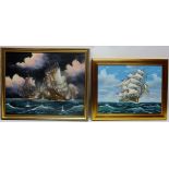 Sea Battle, oil on canvas indistinctly signed 40cm x 50cm and Sailing Vessel,