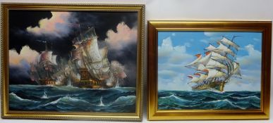 Sea Battle, oil on canvas indistinctly signed 40cm x 50cm and Sailing Vessel,