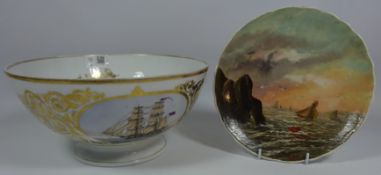 19th Century pedestal bowl hand painted with a ship and gilt decoration and a hand painted plate