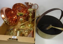 Copper and brass powder flask, brass jam pan,