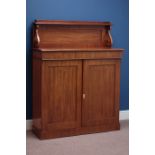 Victorian mahogany chiffonier, single drawer and cupboard, raised back with scroll supports, W100cm,