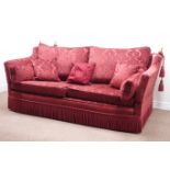 Four seat knoll sofa, upholstered in red chenille damask fabric,