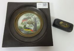 19th Century miniature feather picture depicting birds and a 19th Century papier mache snuff box