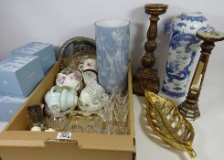 Stuart crystal drinking glasses, Chinese vase, candle holders,