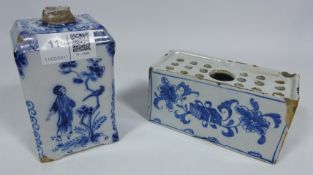 18th/ early 19th Century Delft tea canister and flower brick (2) Condition Report