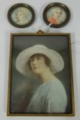 Pair of 18th/ 19th Century miniature portraits on ivory and a 1920's miniature portrait