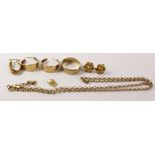 Gold chain, two pairs ear-rings, wedding band etc all hallmarked or stamped 375 approx 13.