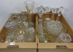 Cut glass claret jug, cut glass bowls, candlesticks,