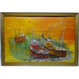 Fishing Boats in Harbour, oil on board indistinctly signed and dated 1975,