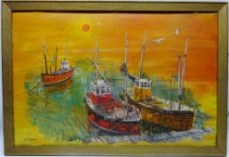 Fishing Boats in Harbour, oil on board indistinctly signed and dated 1975,
