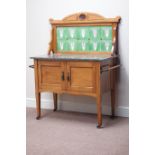 Edwardian satin walnut washstand with Art Nouveau tile back and marble top, W93cm, H125cm,