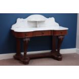 Victorian mahogany serpentine washstand, three drawers, marble top and back, W124cm, H101cm,