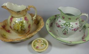 Early 20th Century three piece toilet set and another wash bowl and jug set Condition