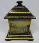 19th Century Welsh slate tobacco jar and cover hand painted with scenes of Conway Castle,