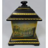 19th Century Welsh slate tobacco jar and cover hand painted with scenes of Conway Castle,