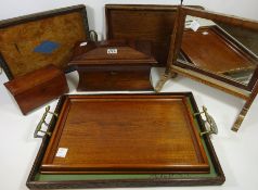 Large Victorian rosewood tea caddy, another 19th Century tea caddy, oak tray with brass handles,