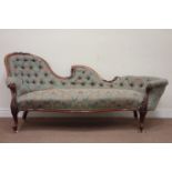 Victorian walnut framed upholstered double ended chaise longue, floral carvings,