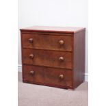 Victorian figured mahogany three drawer chest, W87cm, H83cm,