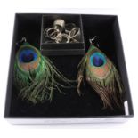 Pair of 'Peacock' feather ear-rings and a collection of silver rings stamped 925 or hallmarked