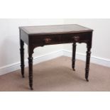 Late Victorian oak writing table, leather inset top with Greek key carving, two drawers, W88cm,